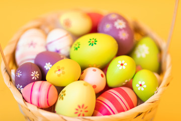 Fototapeta na wymiar Colorful Easter eggs in a basket on an isolated yellow background