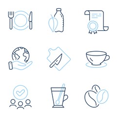 Coffee beans, Espresso and Water bottle line icons set. Diploma certificate, save planet, group of people. Tea mug, Restaurant food and Cutting board signs. Vector