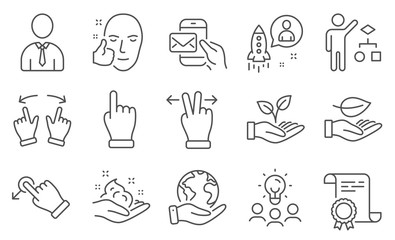 Set of People icons, such as Touchscreen gesture, Messenger mail. Diploma, ideas, save planet. Helping hand, Drag drop, Skin care. Healthy face, Leaf, Human. Click hand, Startup, Move gesture. Vector