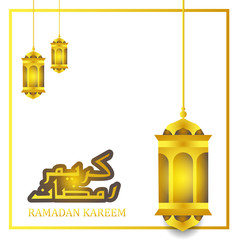 Gold fanous lantern for ramadan kareem background with arabian calligraphy text and crescent moon