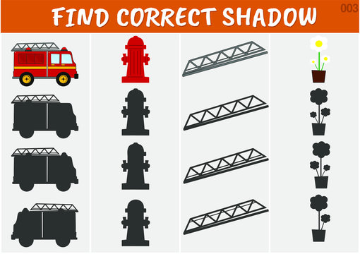 Educational game for preschool kids "Find the right shadow". Fire Engine ,  fire hydrant, fire escape,  flower in a pot