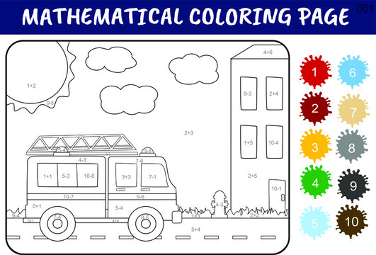Worksheet with addition and subtraction for children. Developing skills for counting.  Solve examples and paint the Fire Engine  in relevant colors.