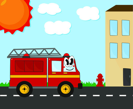 Drawing of a Fire Engine. Vector image for children's magazines and preschool institutions.