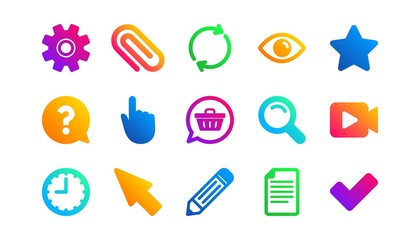 Search, Video camera and Check mark. Document, Time and Question mark icons. Classic icon set. Gradient patterns. Quality signs set. Vector