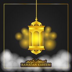 Gold fanous lantern for ramadan kareem background with arabian calligraphy text and crescent moon