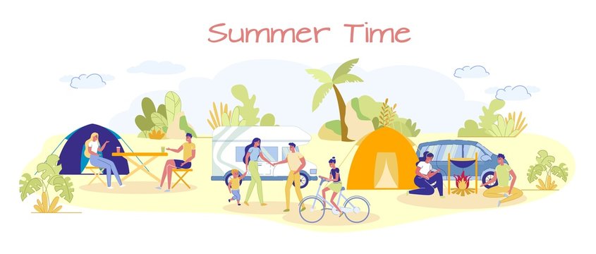 Summer Time Banner with Campground and People.
