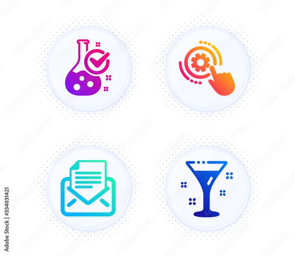 Poster mail correspondence, cogwheel settings and chemistry lab icons simple set. button with halftone dots
