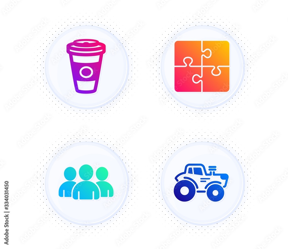 Poster puzzle, group and takeaway coffee icons simple set. button with halftone dots. tractor sign. enginee