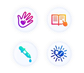 Chemistry pipette, Social responsibility and Read instruction icons simple set. Button with halftone dots. Medical drugs sign. Laboratory, Helping hand, Opened book. Medicine pills. Vector