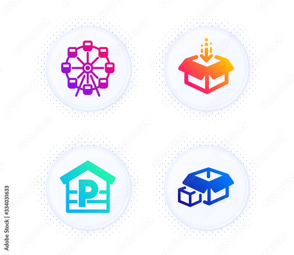 Poster get box, parking and ferris wheel icons simple set. button with halftone dots. packing boxes sign. s