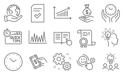 Set of Education icons, such as Checked file, Safe time. Diploma, ideas, save planet. Income money, Pay money, Quick tips. Work, Read instruction, Line graph. Time, Chart, Idea. Vector