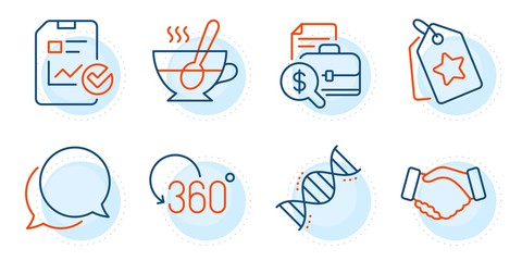 Accounting report, Report checklist and Loyalty tags signs. Handshake, Full rotation and Chemistry dna line icons set. Chat message, Tea cup symbols. Deal hand, 360 degree. Business set. Vector