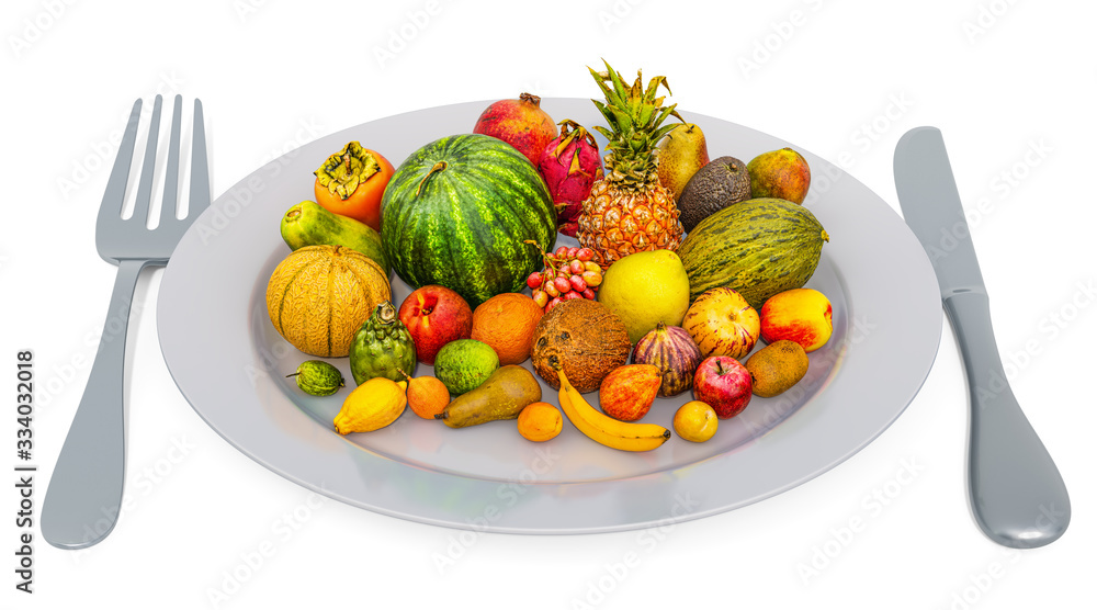 Aufkleber different fruits set on plate with fork and knife, 3d rendering