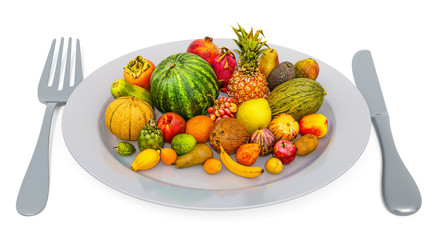 Different fruits set on plate with fork and knife, 3D rendering