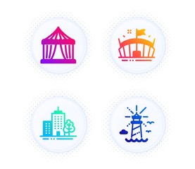 Circus tent, Arena and Skyscraper buildings icons simple set. Button with halftone dots. Lighthouse sign. Attraction park, Sport stadium, Town architecture. Navigation beacon. Buildings set. Vector