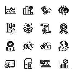 Fototapeta na wymiar Set of Finance icons, such as Report timer, Bitcoin exchange. Certificate, approved group, save planet. Trade infochart, Contactless payment, Loyalty gift. Vector