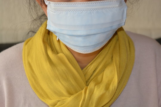 Woman Wearing White Mask For Corona Virus Covid-19 With Yellow Shirt