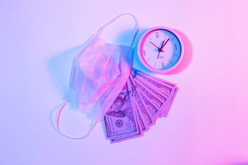 Alert sign on an alarm clock isolated. Quarantine concept, time is at home. Neone duotone background