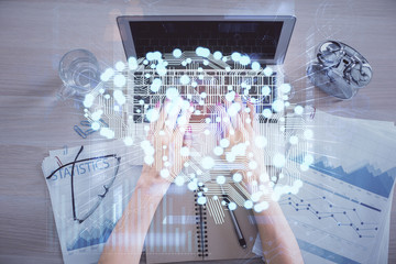 Double exposure of woman working on computer andhuman brain hologram drawing. Top View. Ai concept.