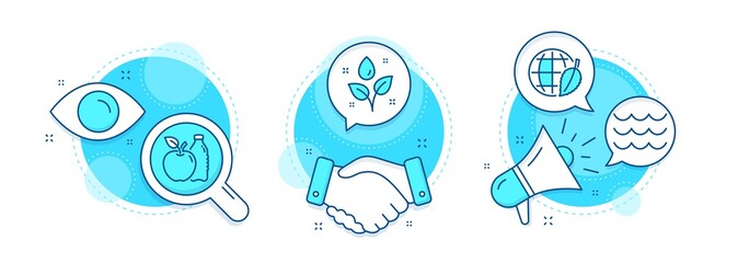 Apple, Plants watering and Waves line icons set. Handshake deal, research and promotion complex icons. Environment day sign. Diet food, Water drop, Water wave. Safe world. Nature set. Vector