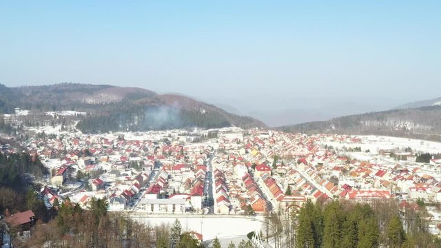 Croatia, panoramic view of the town of Delnice in Gorski kotar, drone aerial in winter
