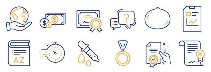 Set of Business icons, such as Timer, Reject certificate. Certificate, save planet. Report document, Question mark, Medal. Chemistry pipette, Certificate, Macadamia nut. Vector