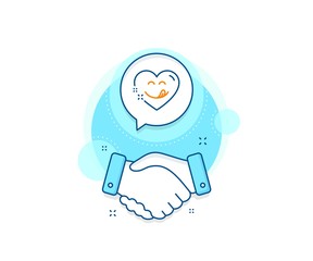 Emoticon with tongue sign. Handshake deal complex icon. Yummy smile line icon. Comic heart symbol. Agreement shaking hands banner. Yummy smile sign. Vector