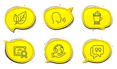 Quote bubble sign. Diploma certificate, save planet chat bubbles. Human sing, Leaf and Latte coffee line icons set. Talk, Ecology, Hot drink with whipped cream. Chat comment. Business set. Vector