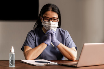 Asian doctor woman laptop. Virus. Test. Protective mask. Infectious dangerous. Glove protect. Epidemic. Wash hand. Medicine concept