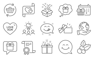 Set of Holidays icons, such as Christmas holly, Love him. Diploma, ideas, save planet. Refresh cart, Gift, Love letter. Special offer, Yummy smile, Wish list. Vector