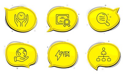 Skin condition sign. Diploma certificate, save planet chat bubbles. Management, Safe time and Quickstart guide line icons set. Agent, Management, Lightning symbol. Search magnifier. Vector