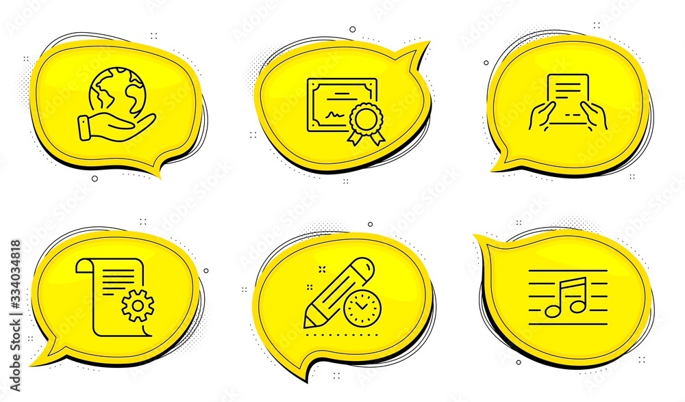 Poster project deadline sign. diploma certificate, save planet chat bubbles. technical documentation, music