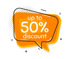 Up to 50% Discount. Thought chat bubble. Sale offer price sign. Special offer symbol. Save 50 percentages. Speech bubble with lines. Discount tag promotion text. Vector