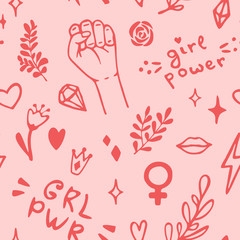 Vector seamless pattern with hand drawn elements on feminism theme: raised fist, slogans, symbol, crown, lips, hearts, branches, diamonds, sparks. - obrazy, fototapety, plakaty