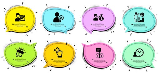 Delete user, Employees wealth and Touchscreen gesture signs. Chat bubbles with quotes. Sallary, Success business and Support service line icons set. Smile, Time management symbols. Vector