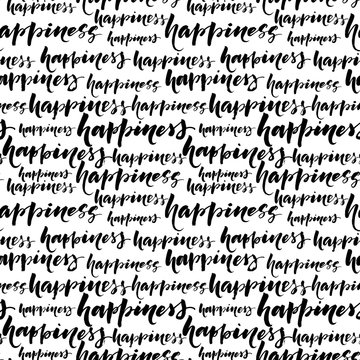 Seamless pattern with hand drawn words happiness. Simple vector geometric texture. Modern monochrome texture. 