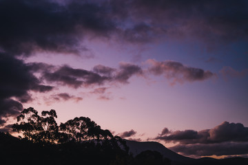 pink and purple toned sunset over the mountains, shot in Tasmania over Mount Wellington