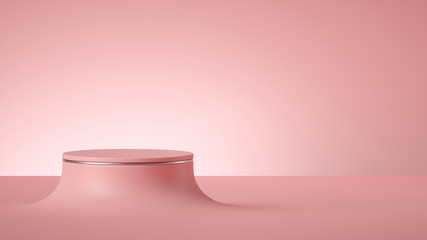 3d render, abstract minimal pink background, empty cylinder podium or round stage, blank showcase stand mockup, vacant pedestal with place for product display, futuristic platform