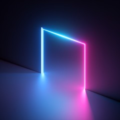 3d render, abstract geometric neon background, pink blue vivid light, ultraviolet square hole in the wall. Window, open door, gate, portal. Room entrance, arch. Modern minimal concept