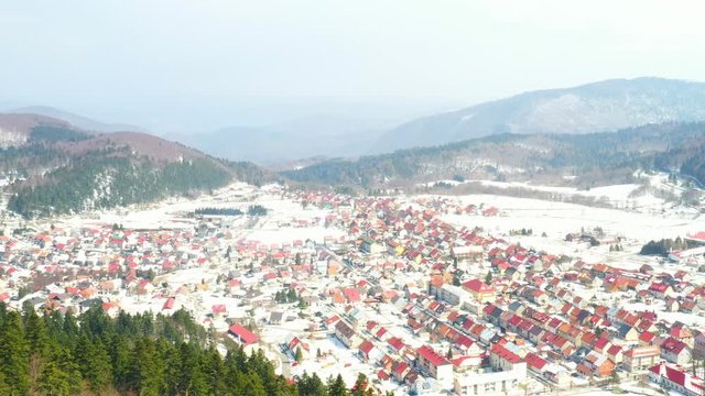 Croatia, town of Delnice in Gorski kotar, drone aerial view in winter