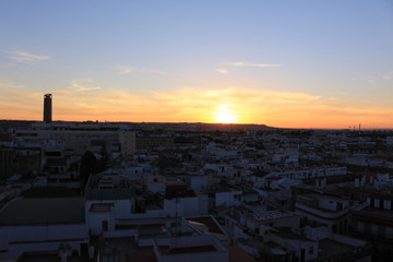 Seville city view at sundown from top of the Metropol Parasol (Setas de Sevilla) building.