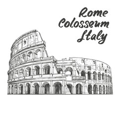 Colosseum, an ancient amphitheatre, an architectural historical landmark of Rome, Italy. hand drawn vector illustration sketch isolated on a white background