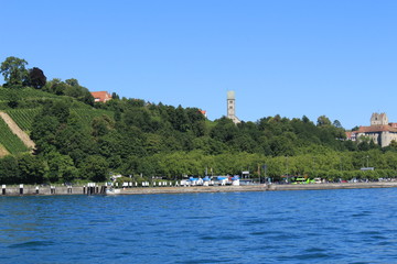 Naklejka premium Meersburg city view taken from a passenger boat on Lake Constance raised anchor from Konstanz city in Baden-Wuerttemberg state in Germany.