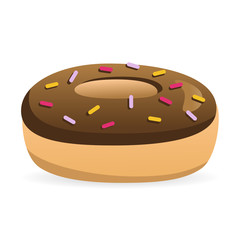 Vector drawing of a stylized chocolate doughnut with colorful sprinkles isolated on white.
