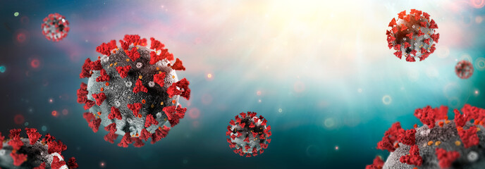 Coronavirus - Covid-19 Or SARS-CoV-2 In Liquid With High Details - Virology Concept - 3d Rendering - obrazy, fototapety, plakaty