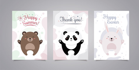 Illustration with animals and text. Greeting card with an animal. Thank you panda greeting card. Card with bunny Happy Easter, with a bear Happy Summer, with a hare Happy Easter.