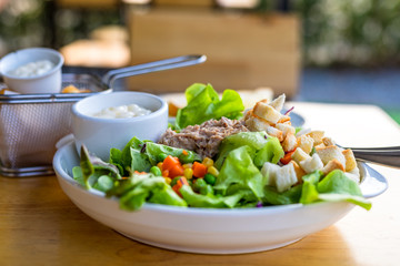 salad with tuna, salad dressing in bowl on the table.