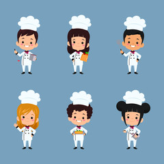 set of children chef cooks. Cartoon mascots character in dynamic poses. People boy and girl chef in white hat, vector illustration 