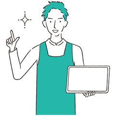 手描き1color エプロンを着た男性 タブレットでプレゼン