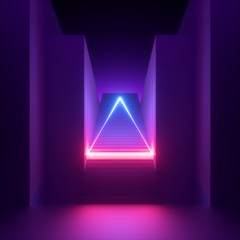 3d render, abstract modern minimal violet background, pink blue neon light glowing triangle, blank triangular shape. Empty staircase perspective, architectural entrance. Futuristic urban concept